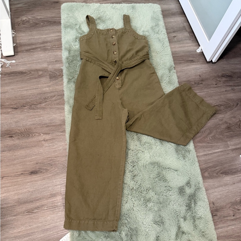 Lucky Brand Wide Leg Khaki Belted Cotton Linen Blend Jumpsuit for Women